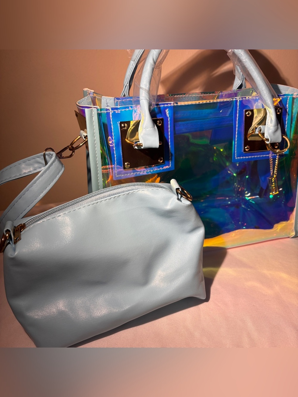 Iridescent Holographic on a transparency + Sky Blue PVC Tote Bag & Pouch. - Picture 6 of 11